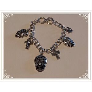 Super Cute & Trendy Silver Sugar Skull~Cross~Heart Charm Bracelet